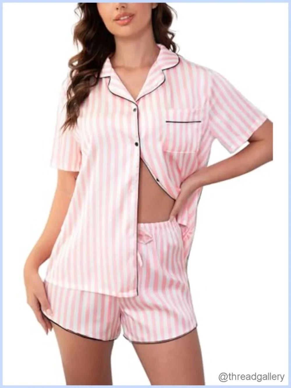 Satin Pajama Set Short Sleeve Button Down Top & Shorts Sleepwear